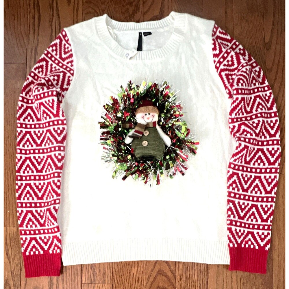 SO Womens L White Red Fair Isle Knit Sweater Snowman Tinsel Ugly Christmas Party